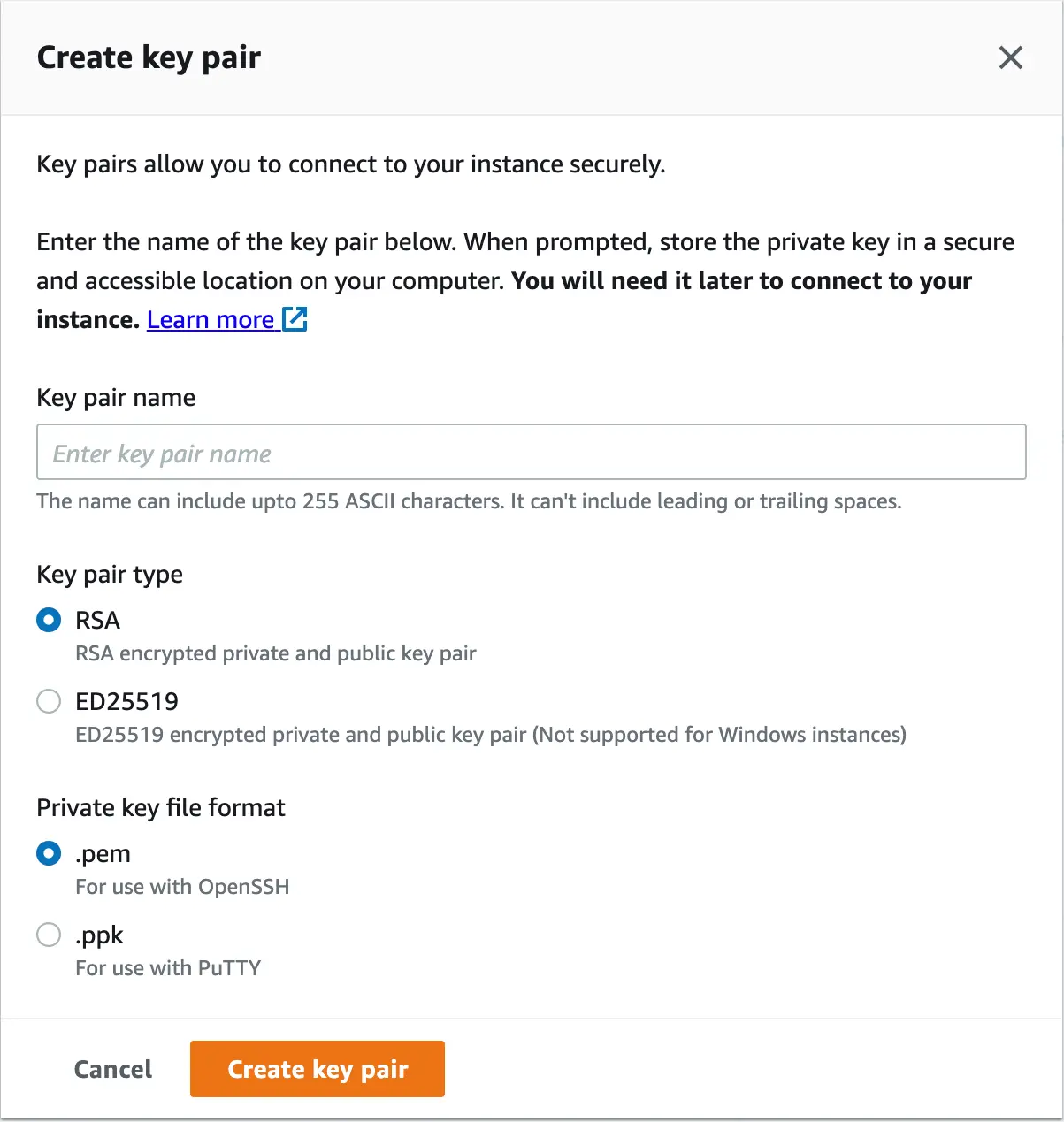AWS "Create keypair" dialog