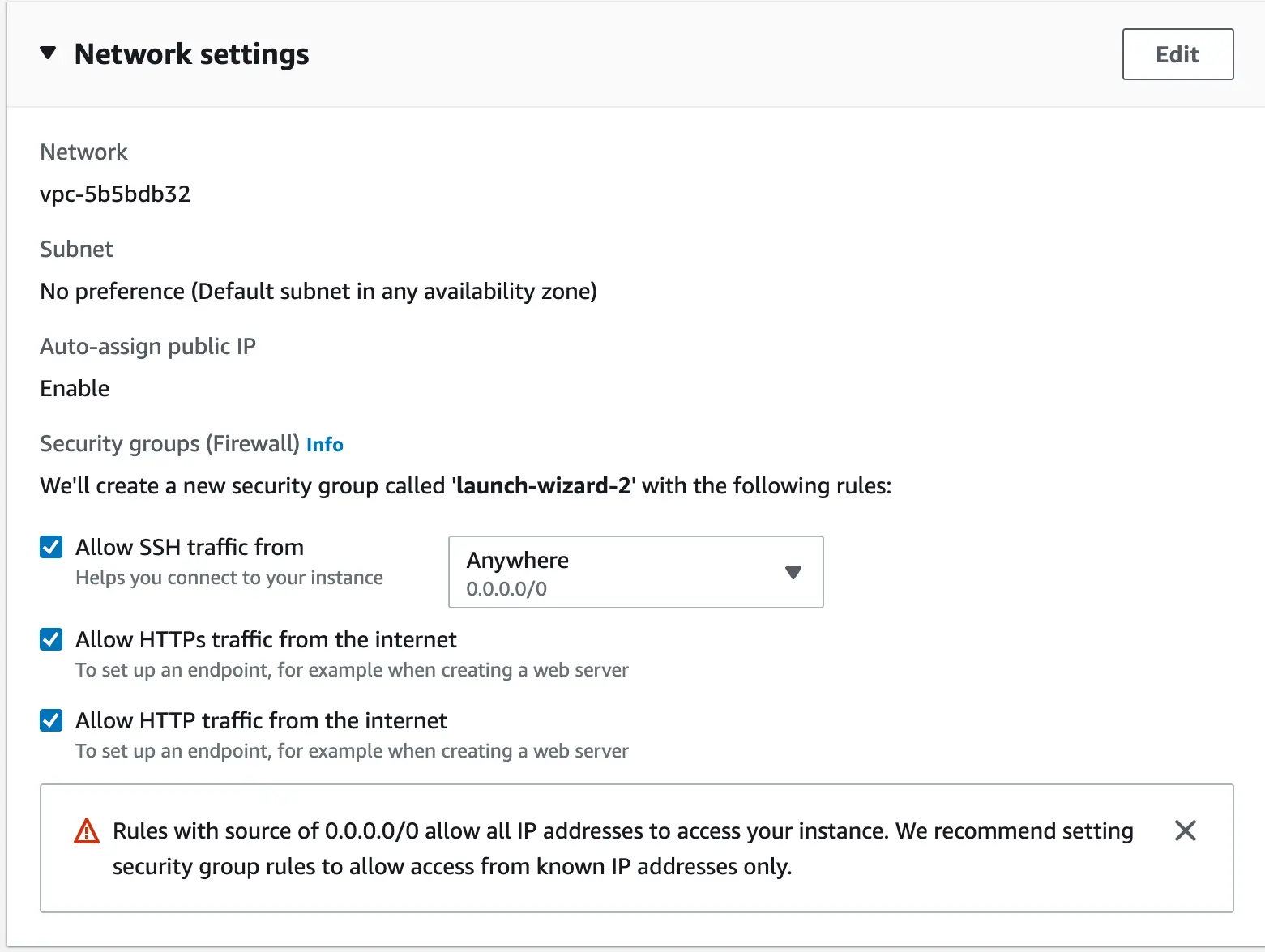 AWS "Network settings" dialog