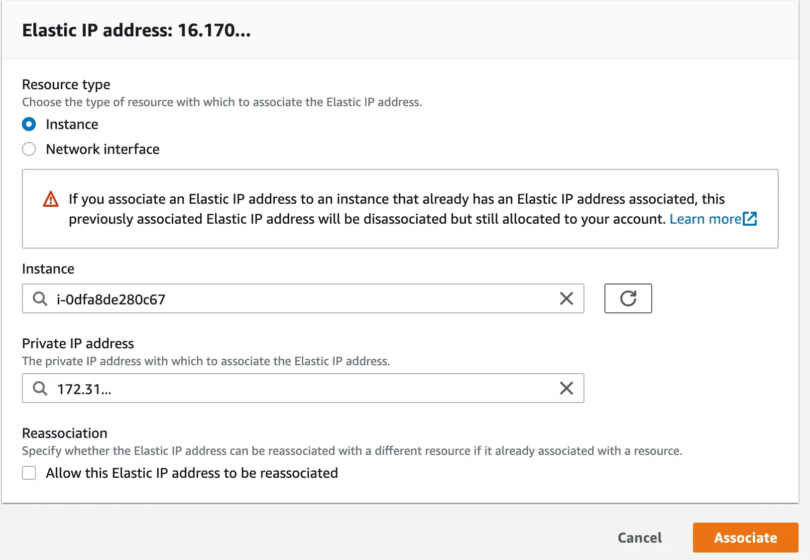 AWS "Elastic IP address" dialog